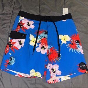 RVCA Men's Blue and Red Floral Board Shorts